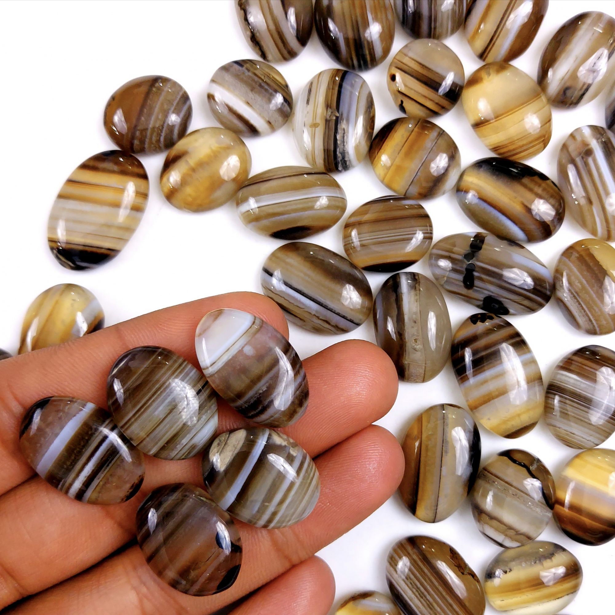 45Pcs 741Cts Natural Black Onyx Banded Agate Loose Cabochon Back Side Flat Gemstone Lot 22x13 12x12mmG-2034