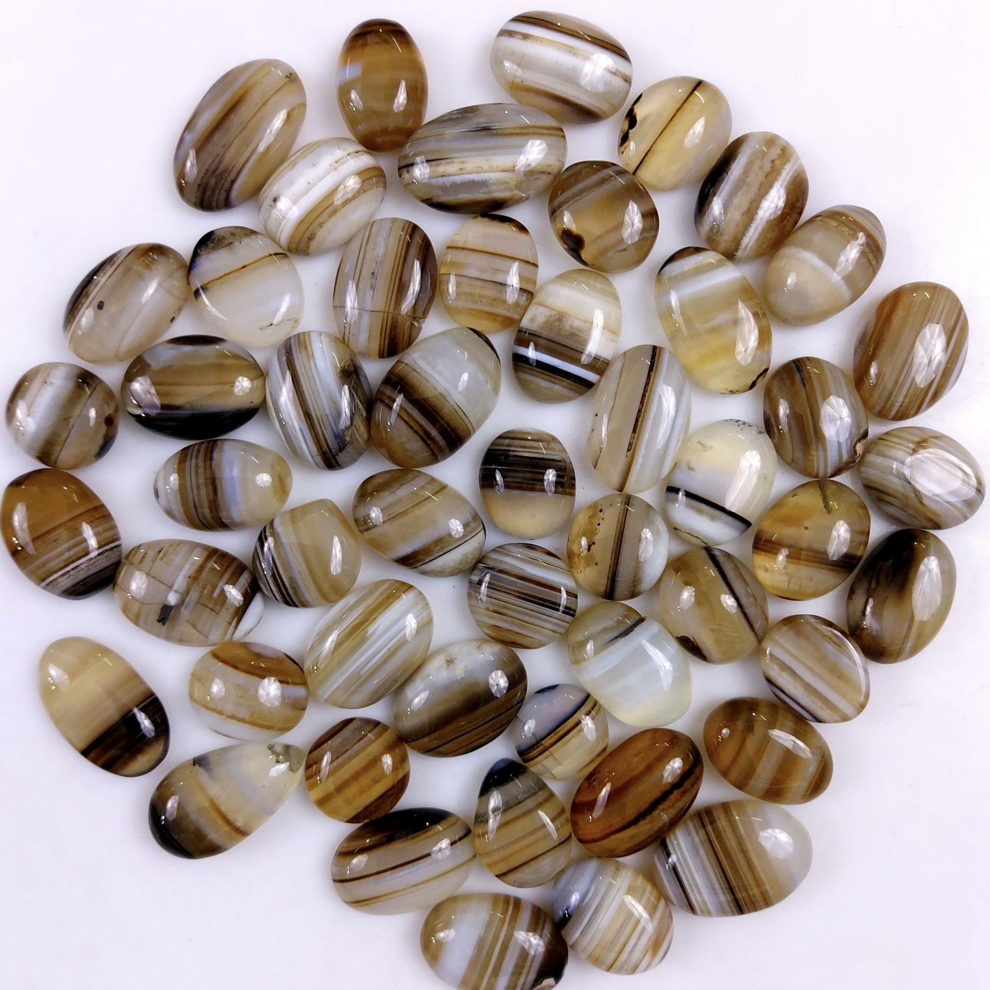 51Pcs 621Cts Natural Black Onyx Banded Agate Loose Cabochon Back Side Flat Gemstone Lot 20x12 9x9mmG-2041