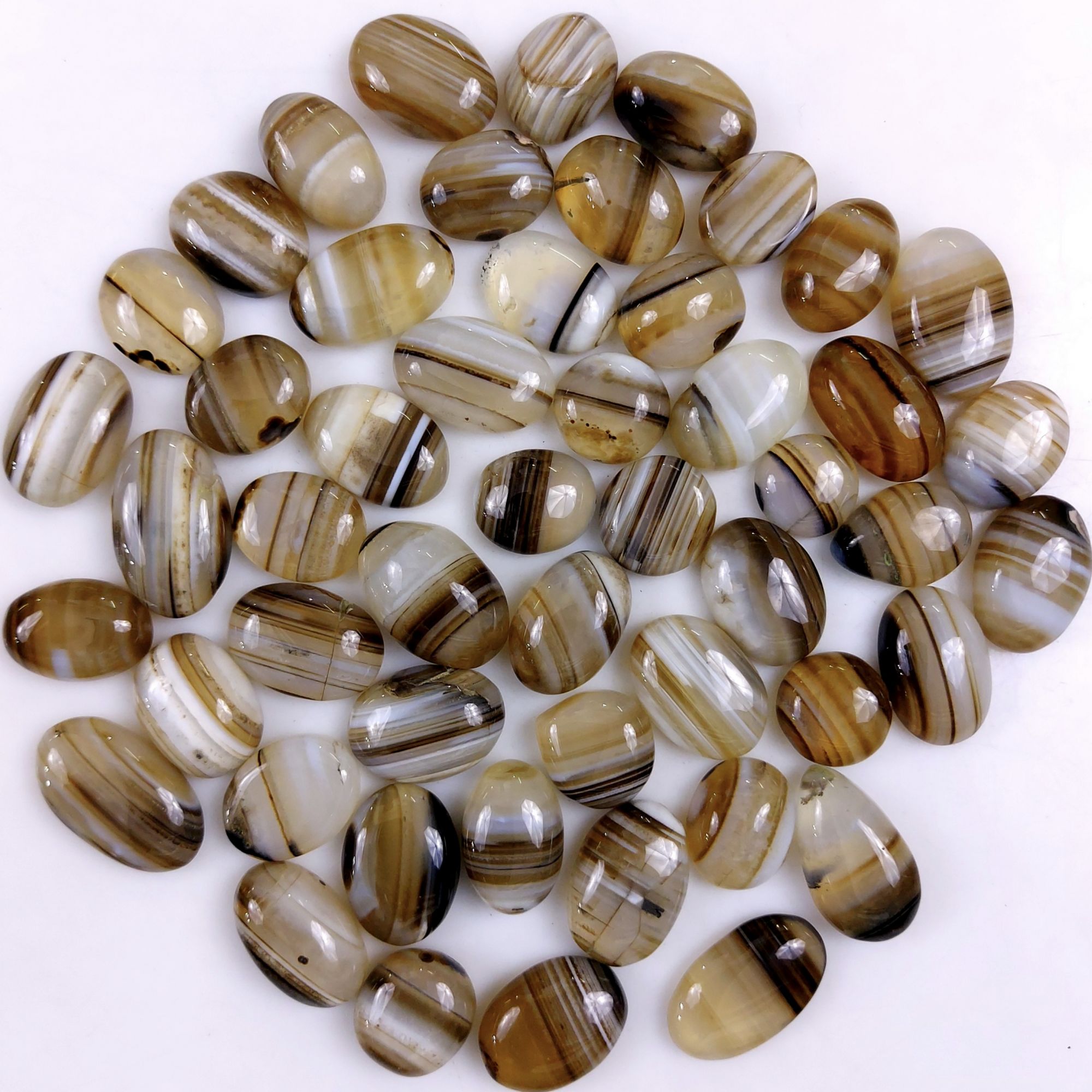 51Pcs 621Cts Natural Black Onyx Banded Agate Loose Cabochon Back Side Flat Gemstone Lot 20x12 9x9mmG-2041