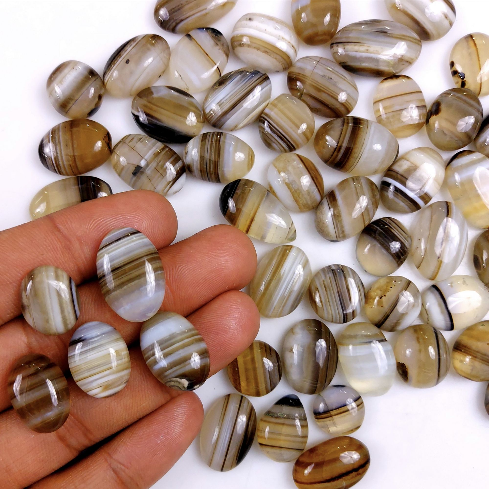 51Pcs 621Cts Natural Black Onyx Banded Agate Loose Cabochon Back Side Flat Gemstone Lot 20x12 9x9mmG-2041