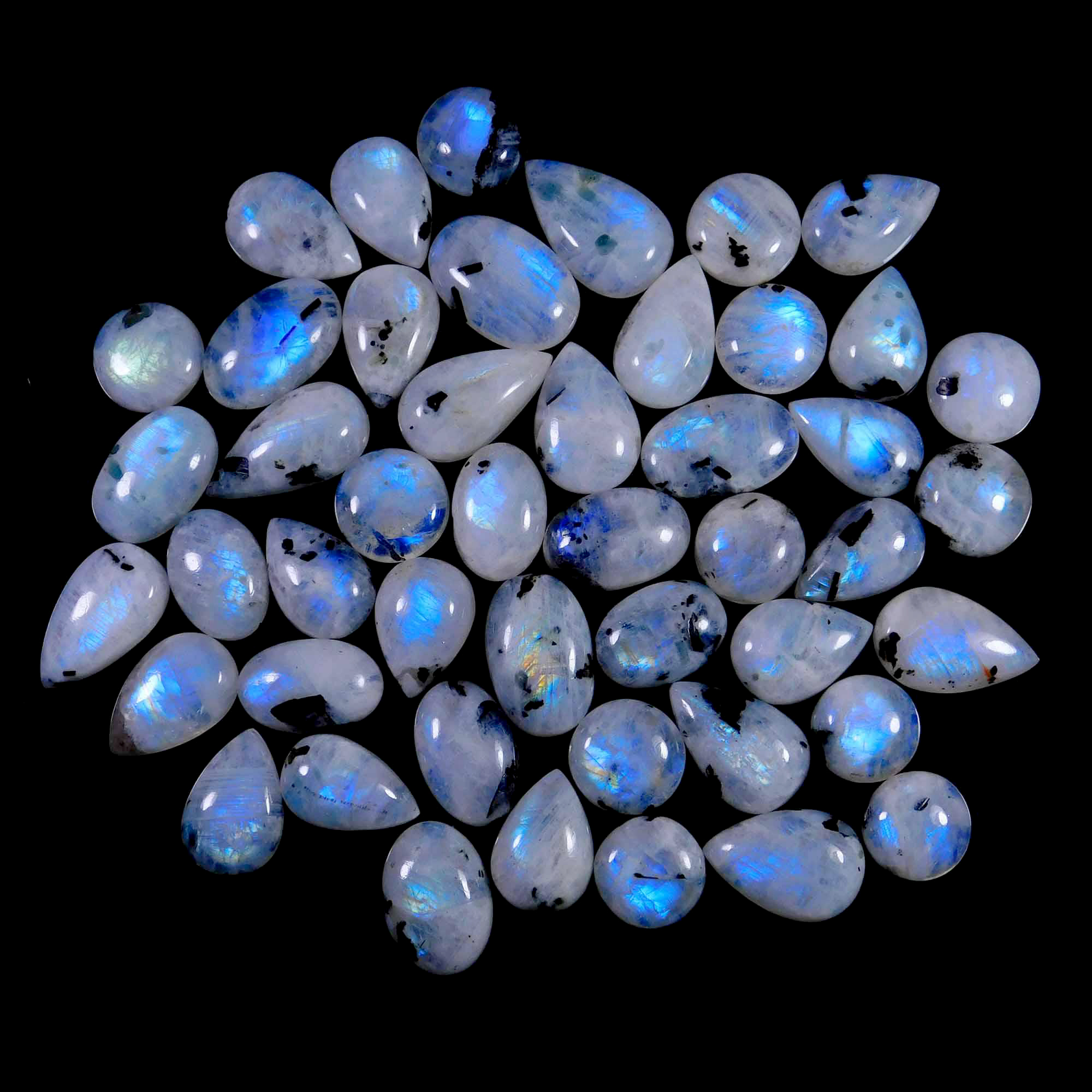 47Pcs. Lot Natural Blue Flash Rainbow Moonstone Mix Cabochon Gemstone 920CTS 28-16mm.