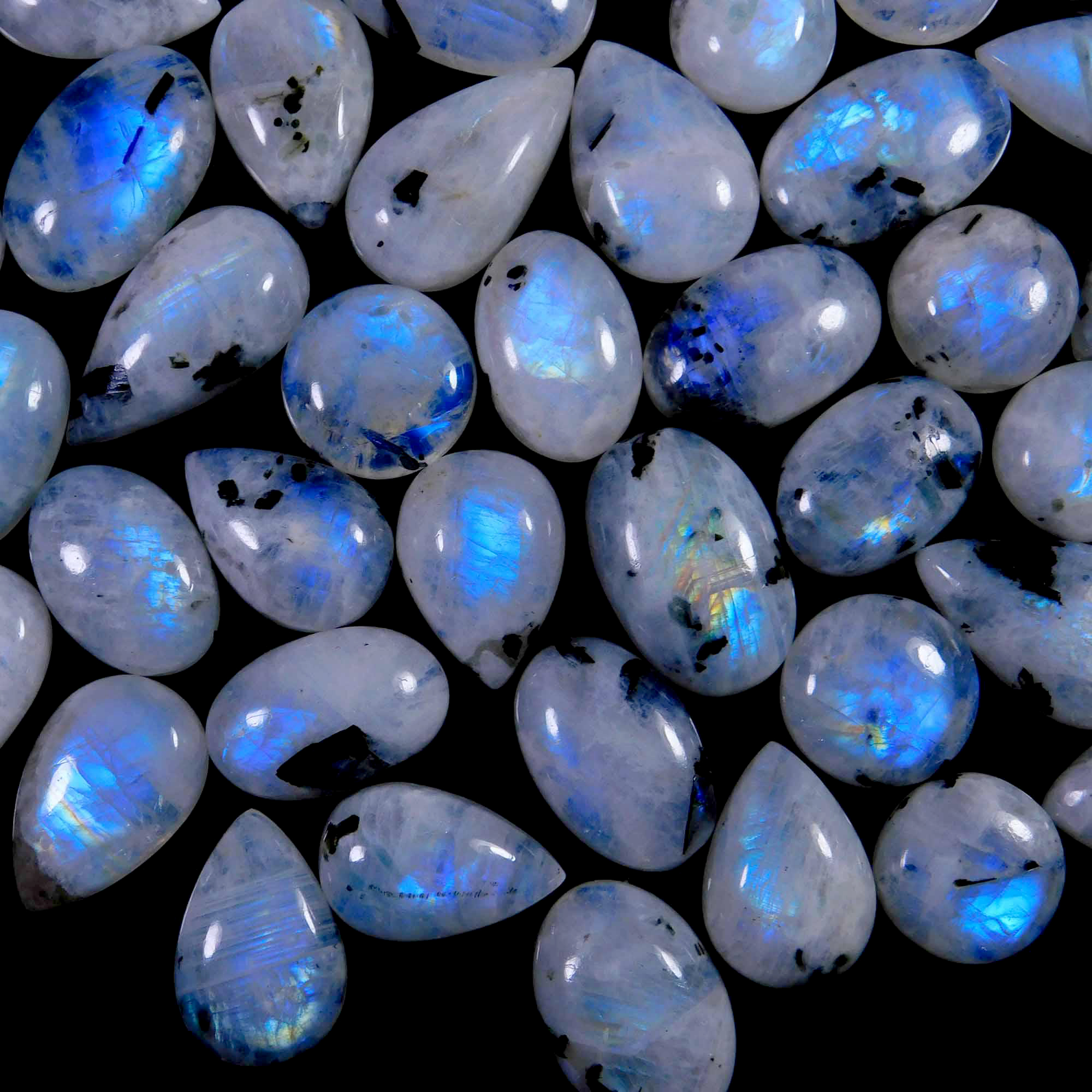 47Pcs. Lot Natural Blue Flash Rainbow Moonstone Mix Cabochon Gemstone 920CTS 28-16mm.