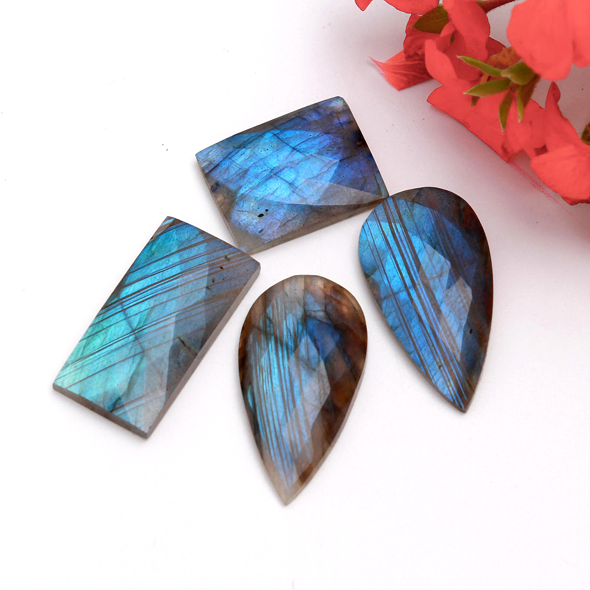 4Pcs 82Cts Natural Labradorite Rose Cut Loose Mix Gemstone Lot Size 32x17 21x16mm