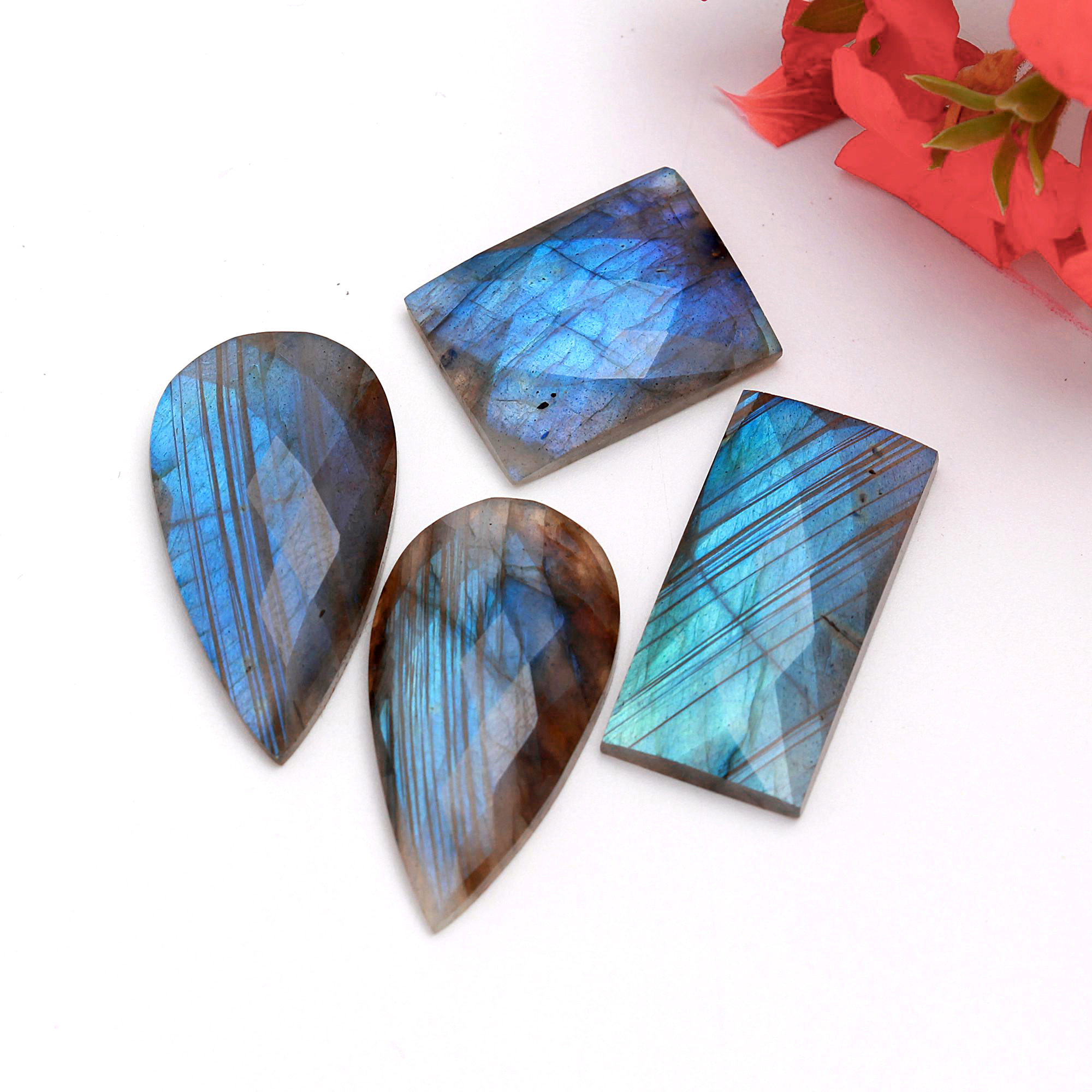 4Pcs 82Cts Natural Labradorite Rose Cut Loose Mix Gemstone Lot Size 32x17 21x16mm