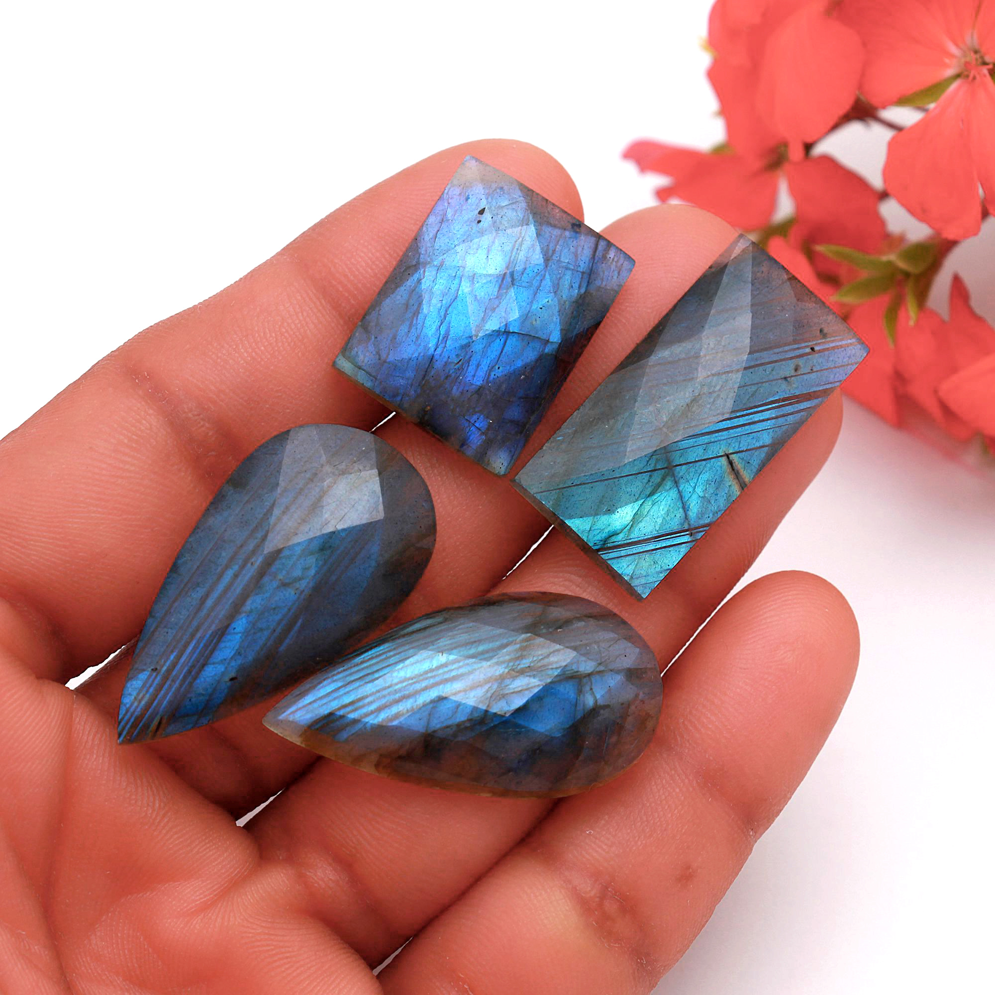 4Pcs 82Cts Natural Labradorite Rose Cut Loose Mix Gemstone Lot Size 32x17 21x16mm