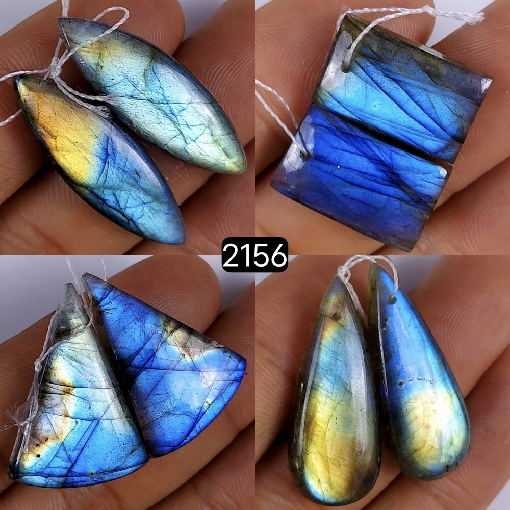 4Pair 122Cts Natural Blue Fire Labrodorite Cabochon Drill Both Side Polish Pair Lot Gemstone For Jewelry Making 30x20 18x12mm #G-2156