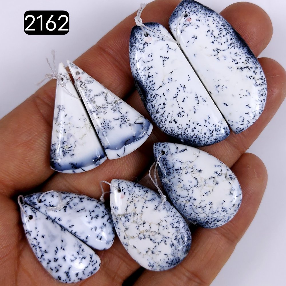 4Pair 110Cts  Natural Dendrite Opal Gemstone Black White Design Dendrite Opal Cabochon, Flat Back Dendrite Opal Stone Both Side Polished Dendrite Opal Stone 40x16 27x12mm#G-2162