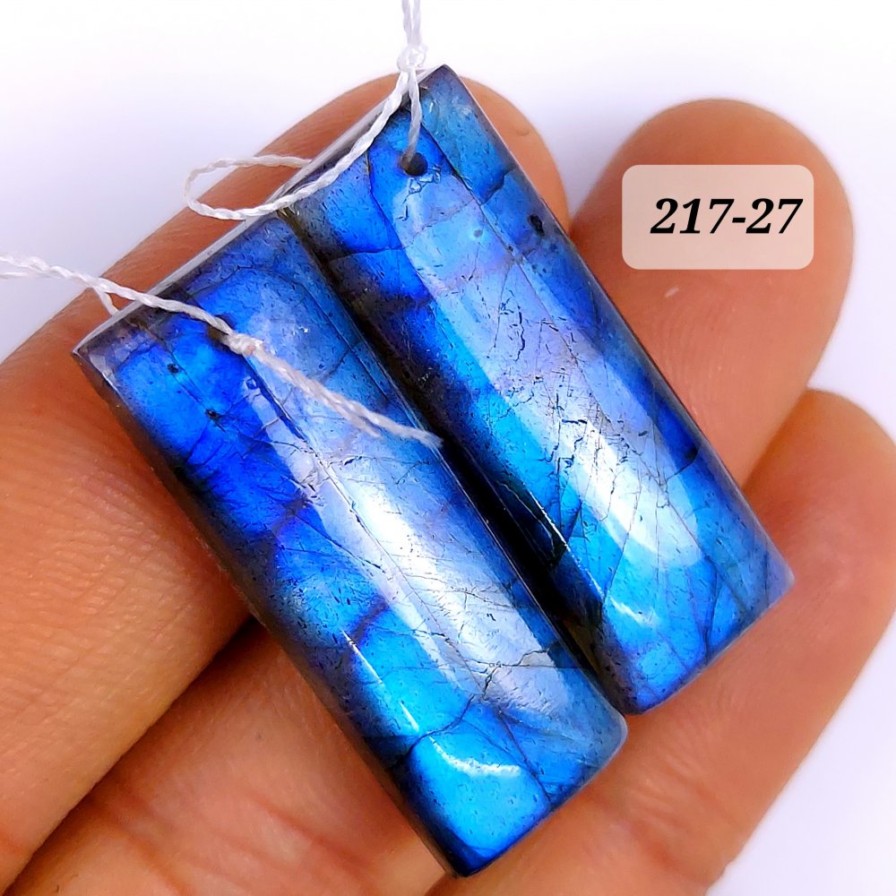 46Cts Natural Blue Fire Labradorite Cabochon Rectangle Shape Gemstone Pair Lot 32X12mm #217-27