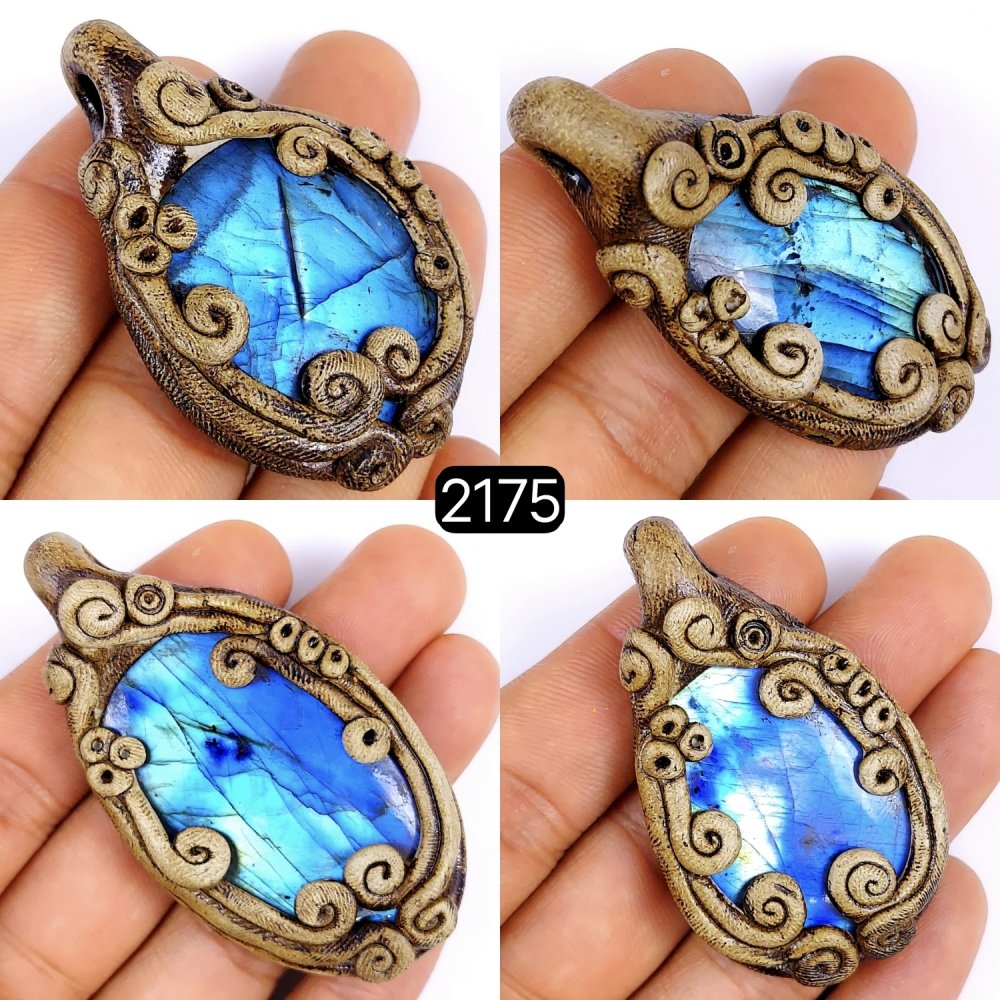 4Pcs 473Cts Natural Blue Fire Labradorite Clay Pendant Cabochon Gemstone Lot 75x40 60x30mm#2175