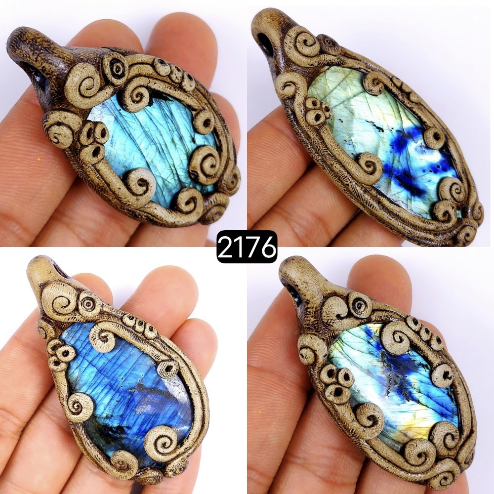 4Pcs 532Cts Natural Blue Fire Labradorite Clay Pendant Cabochon Gemstone Lot 75x40 60x30mm#2176