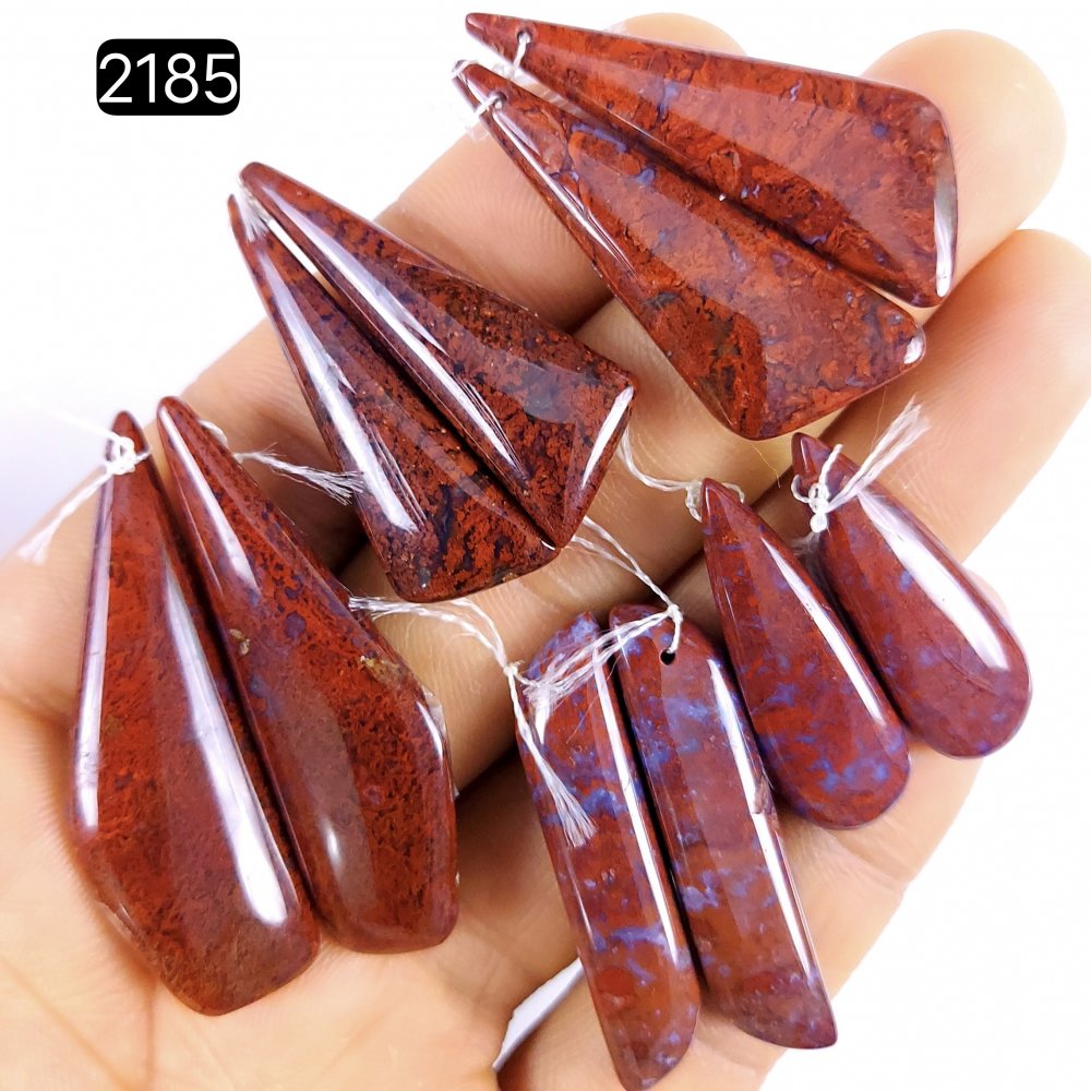 5Pair 174Cts Natural Red Moss Agate Pair Briolite Cabochon Drilled Gemstone Lot For Jewelry Making Mix Size and Shape 45x15 30x10mm#2185