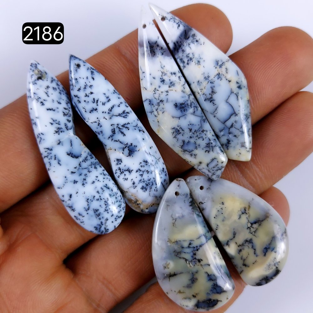 3Pair 92Cts  Natural Dendrite Opal Gemstone Black White Design Front to Back Drill Cabochon, Flat Back Dendrite Opal Stone Both Side Polished Dendrite Opal Stone 42x12 30x15mm#G-2186
