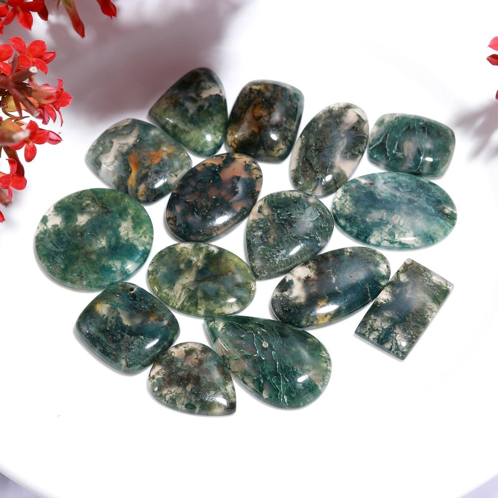 15Pcs 311Cts Natural Green Moss Agate Loose Cabochon Gemstone 26x26 18x14mm#2217