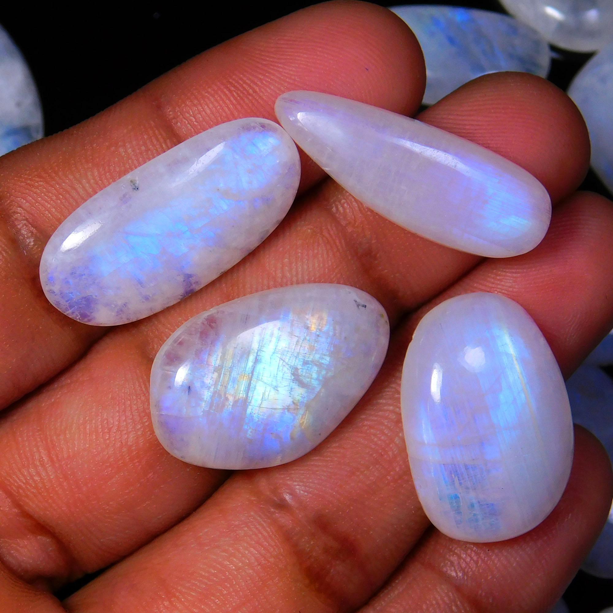 33 Pcs. 452Cts. Natural Blue Fire Rainbow Moonstone polished Mix Cabochon Wholesale Loose Gemstone Lot  Size 27x18 18x12mm for jewelry