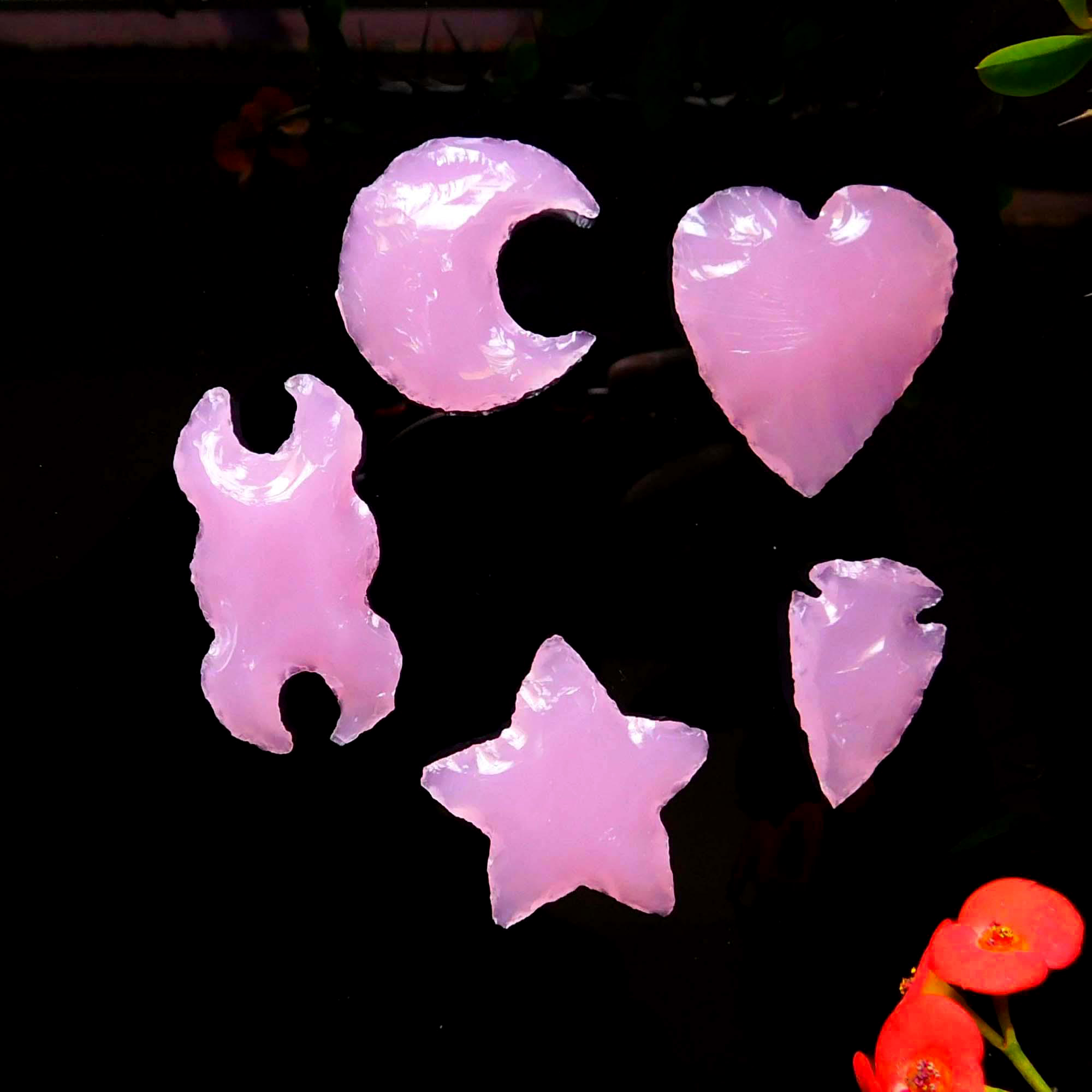 Set Of 5 Shape Rose Quartz Moon Star Heart Arrowhead Double Moon Carving