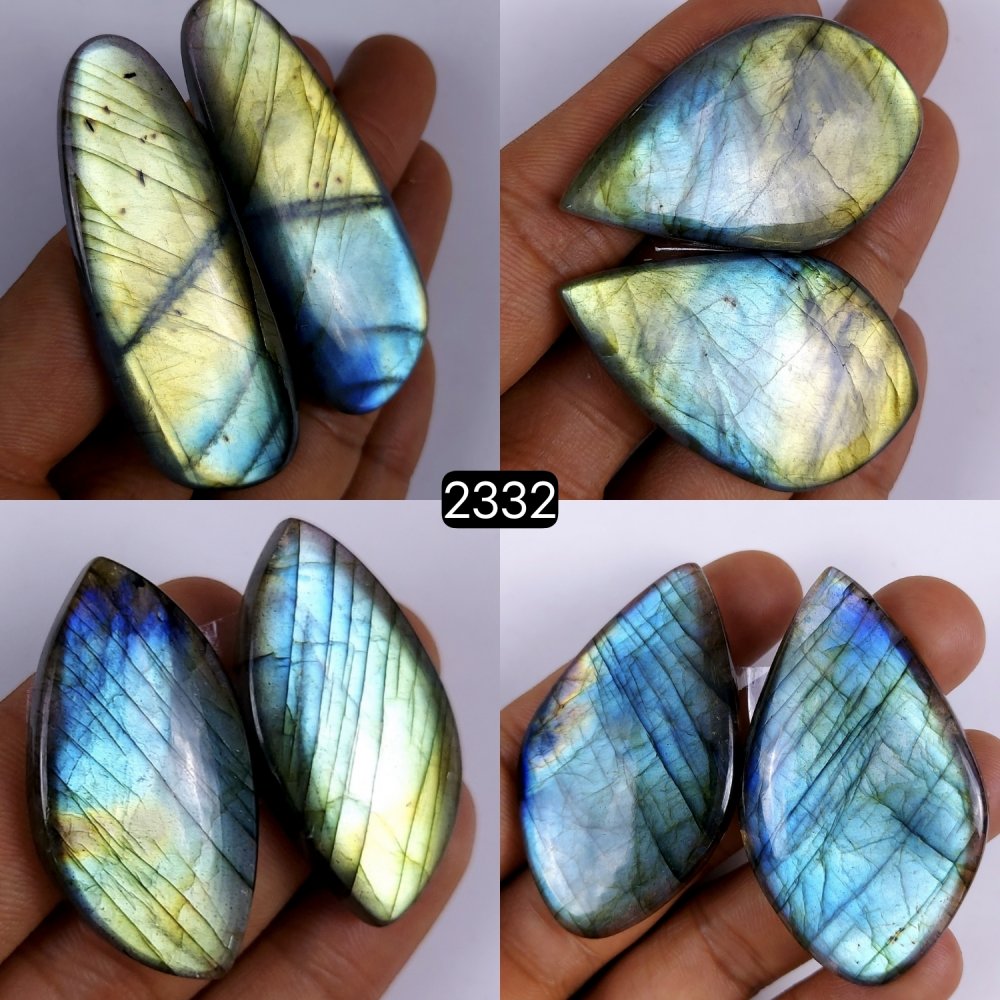 4Pair Lot 527Cts Natural Labradorite Cabochon Multifire Loose Gemstone Pairs For Jewelry Making 527Cts 60x20 38x18mm#2332
