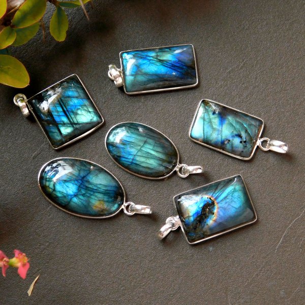 6 Pcs 133CTS Natural Labradorite Silver Plated Mix Shape Necklace Pendants Lot Size 34x18 27x15mm