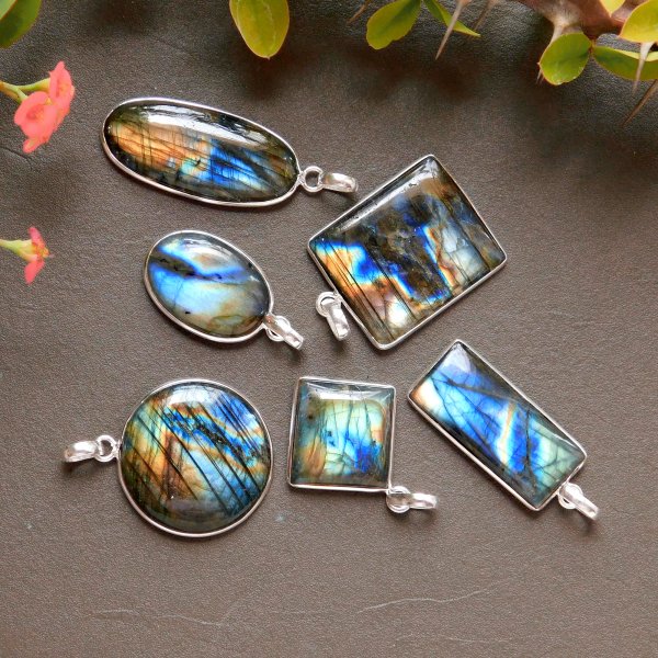 6 Pcs 147CTS Natural Labradorite Silver Plated Mix Shape Necklace Pendants Lot Size 40x16 28x16mm