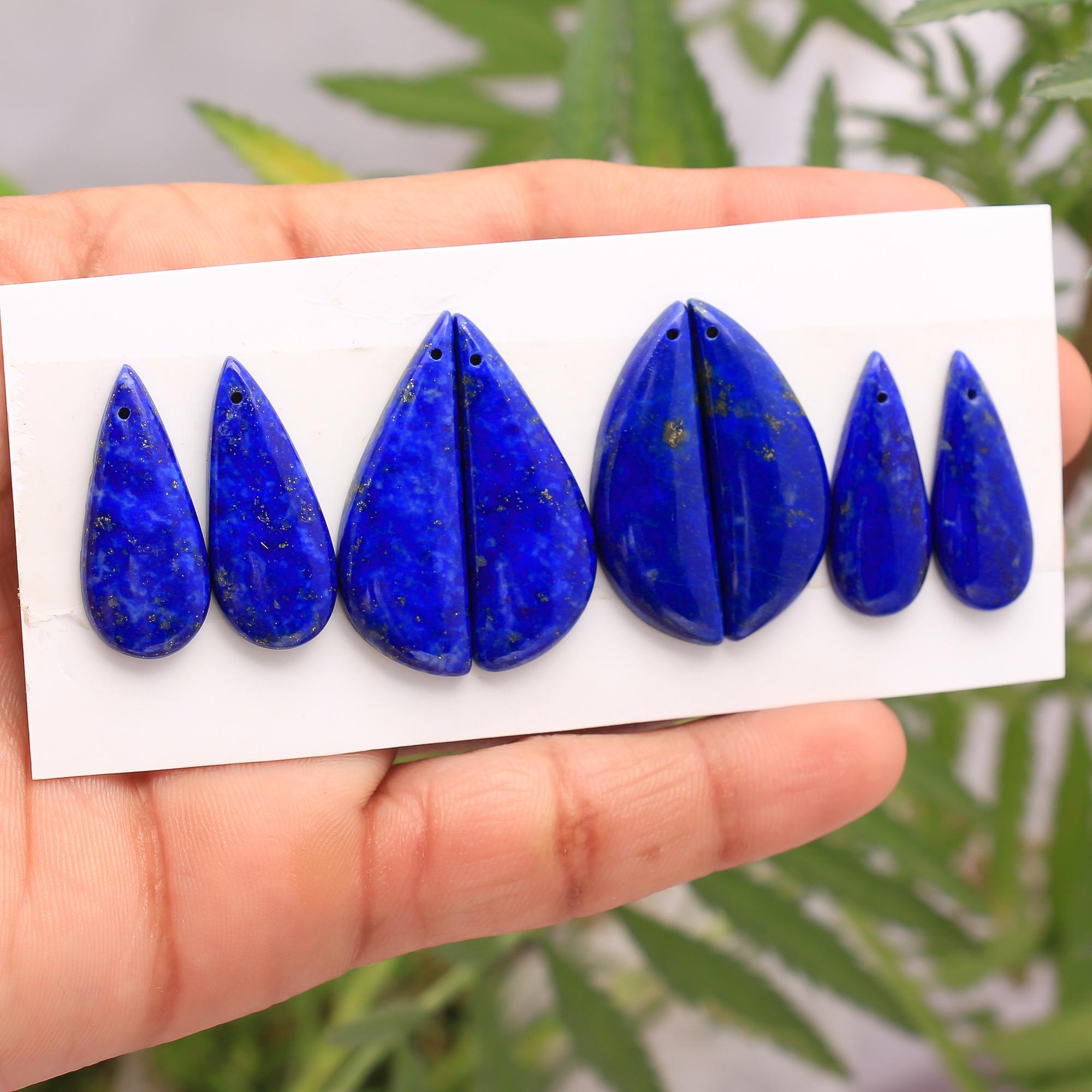 4 Pair 84Cts Natural Lapis Lazuli Front To Back Drilled Earring Mix Pairs Cabochon Loose Gemstone Lot Size 31x11 24x10 mm