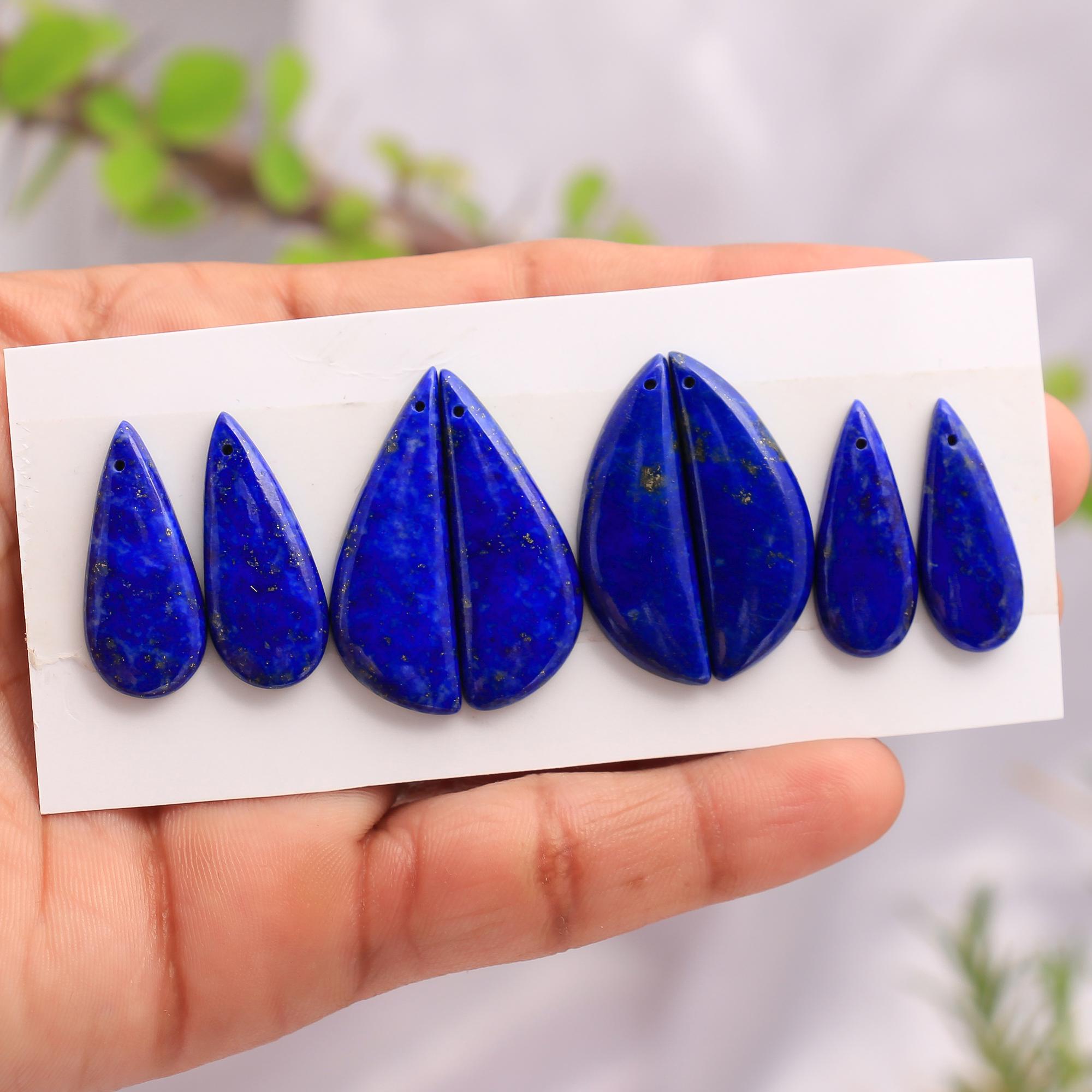 4 Pair 84Cts Natural Lapis Lazuli Front To Back Drilled Earring Mix Pairs Cabochon Loose Gemstone Lot Size 31x11 24x10 mm