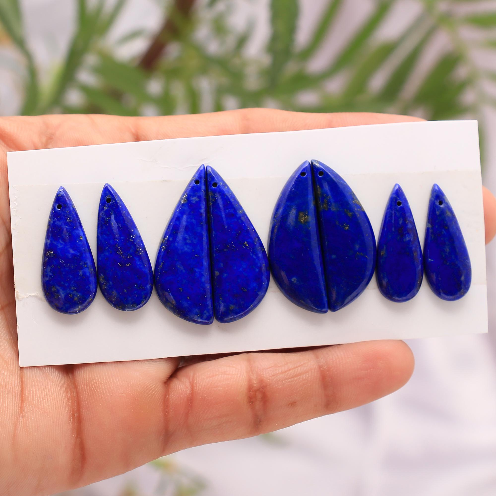 4 Pair 84Cts Natural Lapis Lazuli Front To Back Drilled Earring Mix Pairs Cabochon Loose Gemstone Lot Size 31x11 24x10 mm