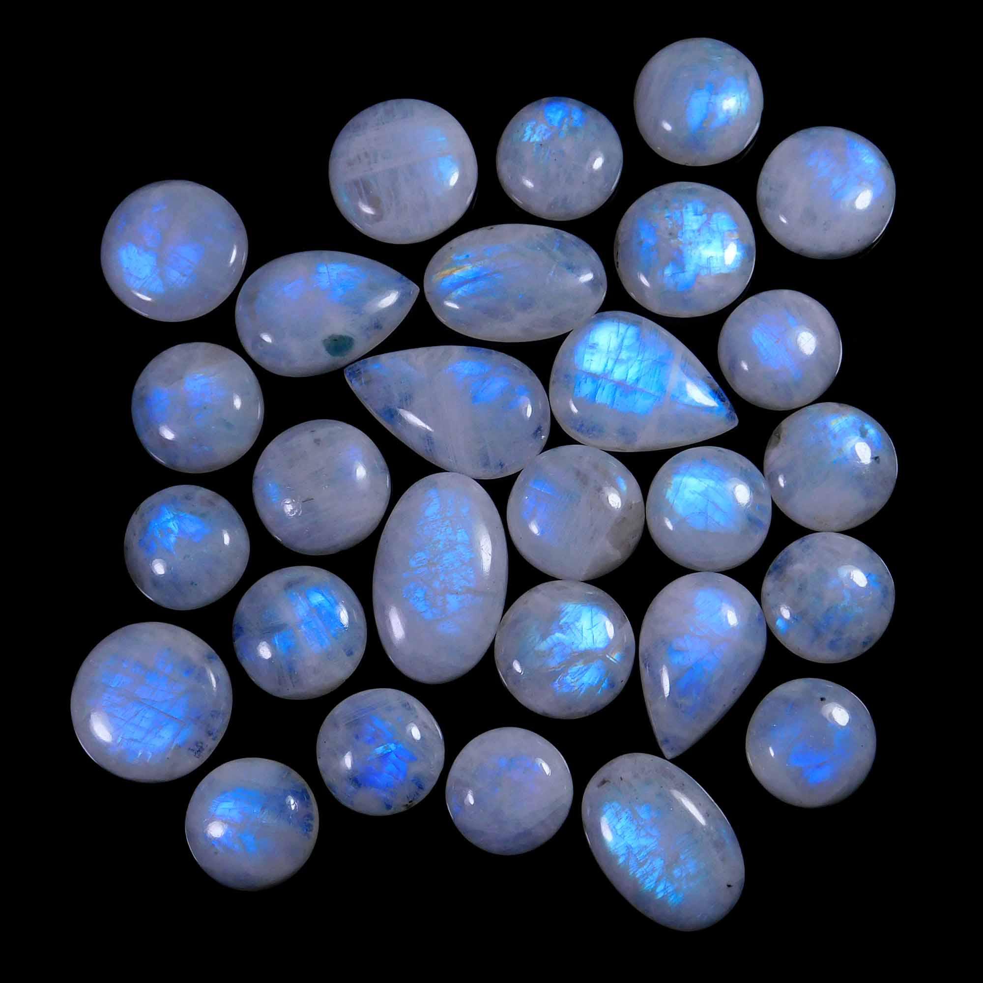 28Pcs. Lot Natural Blue Flash Rainbow Moonstone Mix Cabochon Gemstone 686CTS 32-18mm.