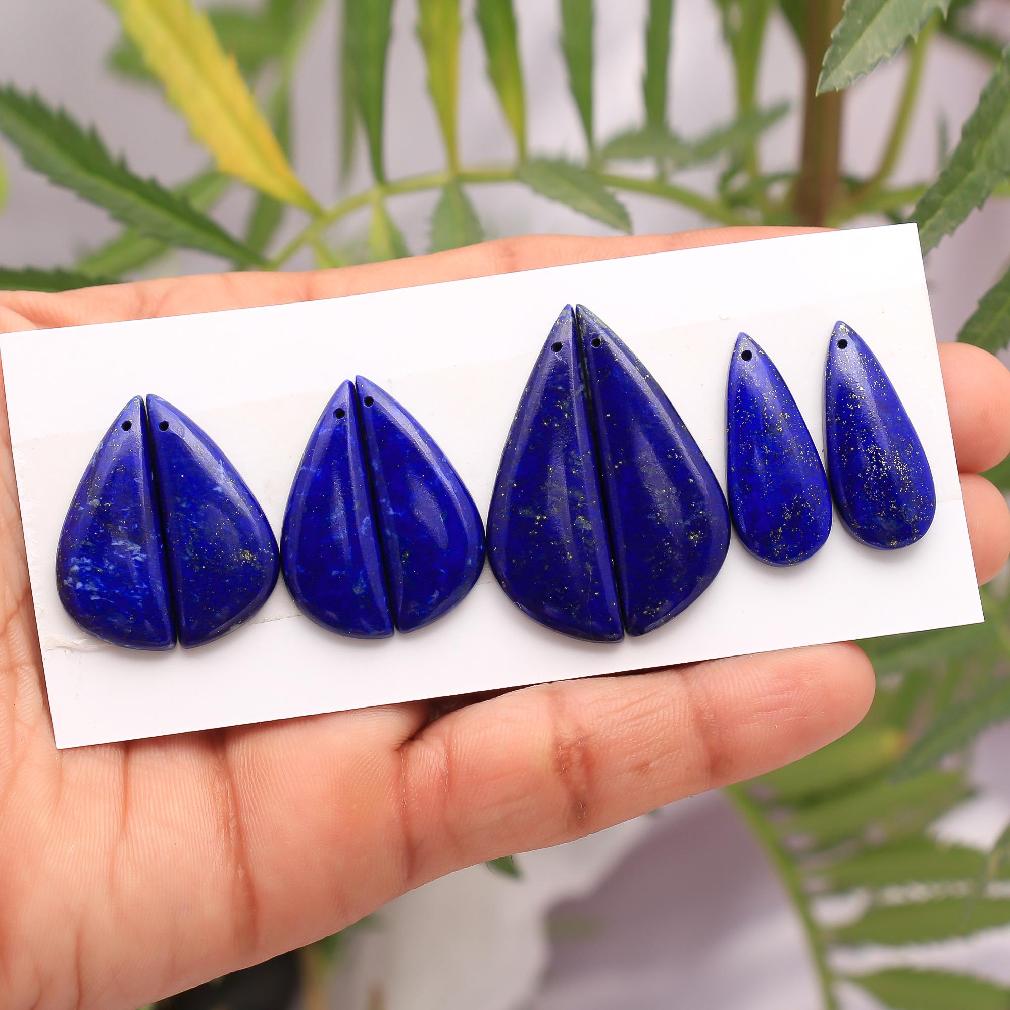 4 Pair 94Cts Natural Lapis Lazuli Front To Back Drilled Earring Mix Pairs Cabochon Loose Gemstone Lot Size 36x12 25x11 mm