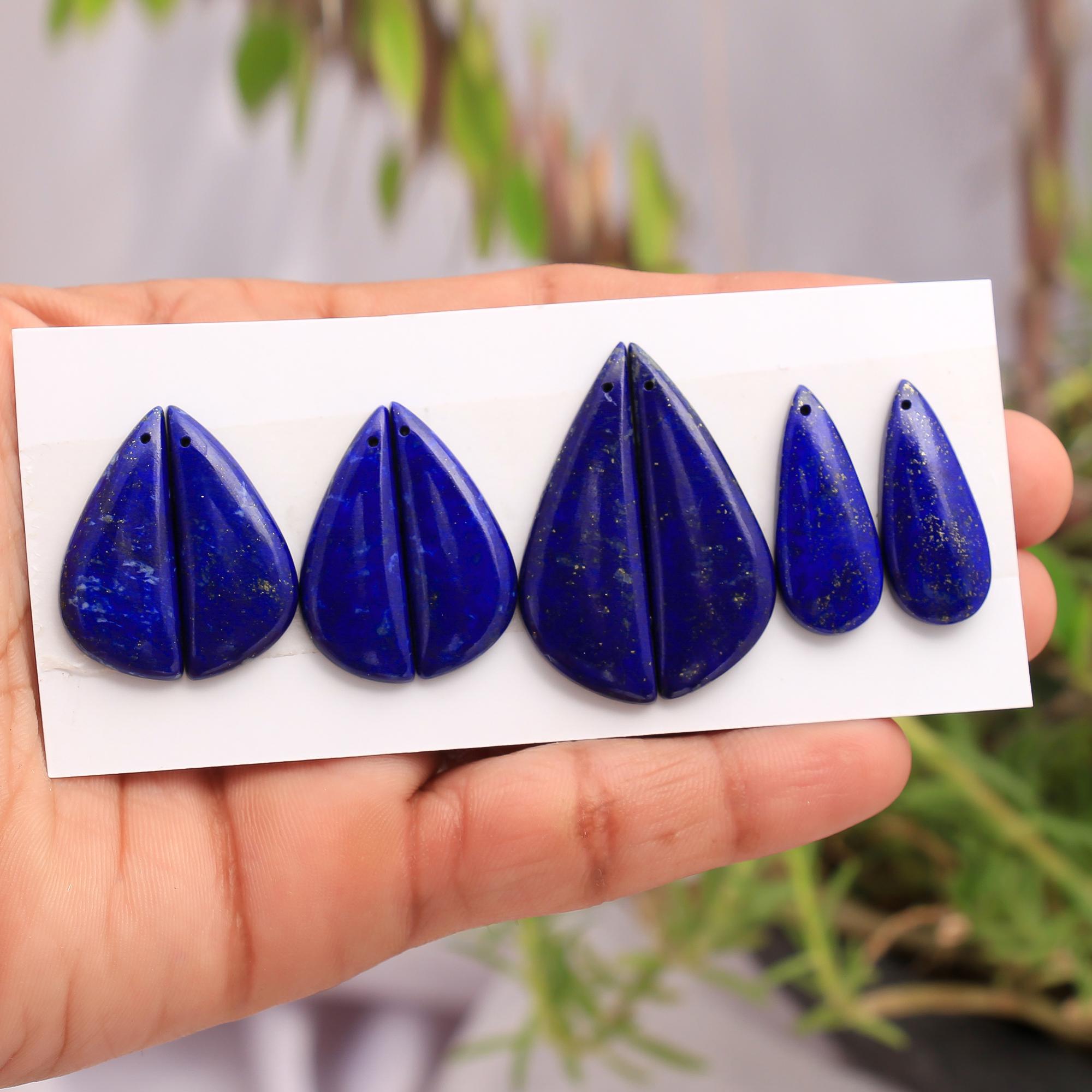 4 Pair 94Cts Natural Lapis Lazuli Front To Back Drilled Earring Mix Pairs Cabochon Loose Gemstone Lot Size 36x12 25x11 mm