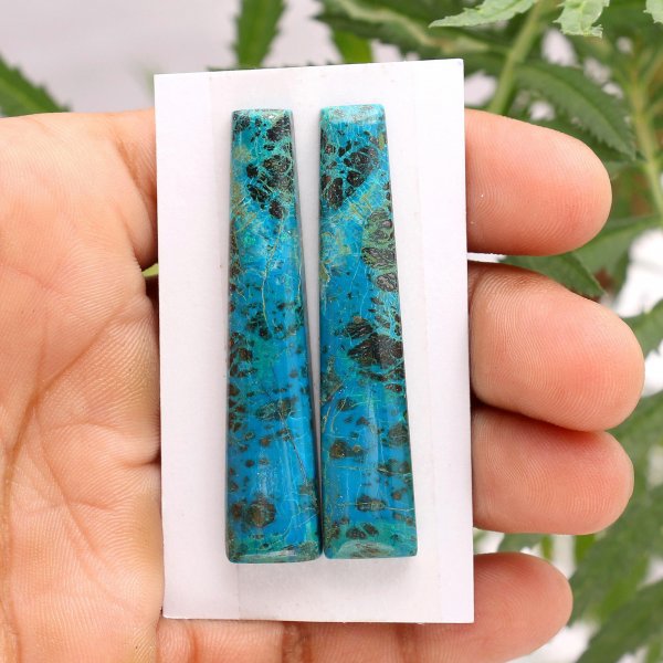 69Cts Natural Chrysocolla Earring Pairs Fancy Shape Loose Gemstone Cabochon Size 52x11mm