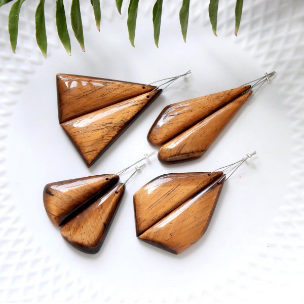 4Pair 192CTS. Front To Back Drilled Natural Tiger Eye Mix Pairs Cabochon Loose Gemstone lot Size 47x12 31x17mm