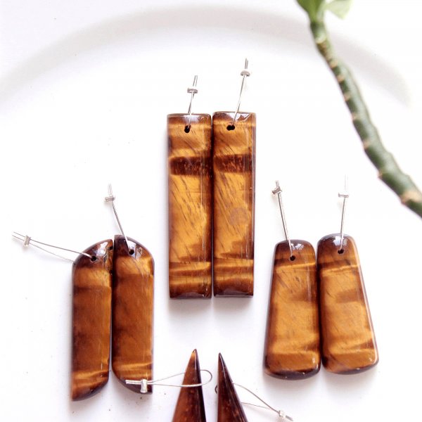 4 Pair 143CTS. Front To Back Drilled Natural Tiger Eye Mix Pairs Cabochon Loose Gemstone lot Size 38x9 31x12mm