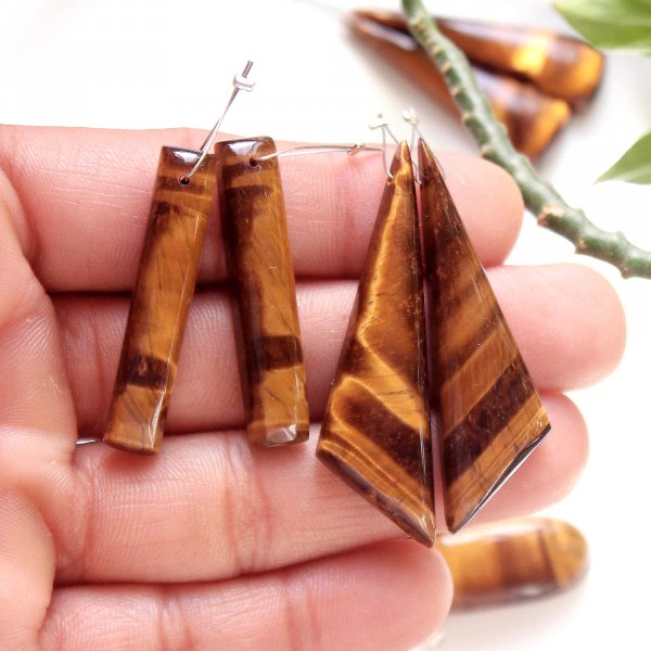 4 Pair 142CTS. Front To Back Drilled Natural Tiger Eye Mix Pairs Cabochon Loose Gemstone lot Size 48x13 27x12 mm
