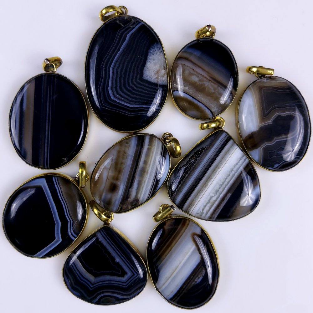 9Pcs Lot 627Cts Natural Black Banded Agate Gold Plated Connector Pendant Lot40x29 29x23mm#G-258