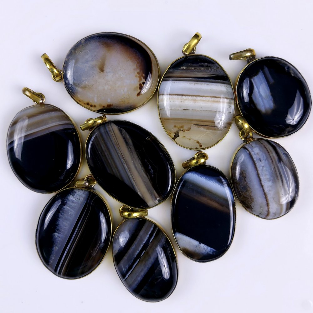 9Pcs Lot 610Cts Natural Black Banded Agate Gold Plated Connector Pendant Lot 30x27 26x24 mm#G-259