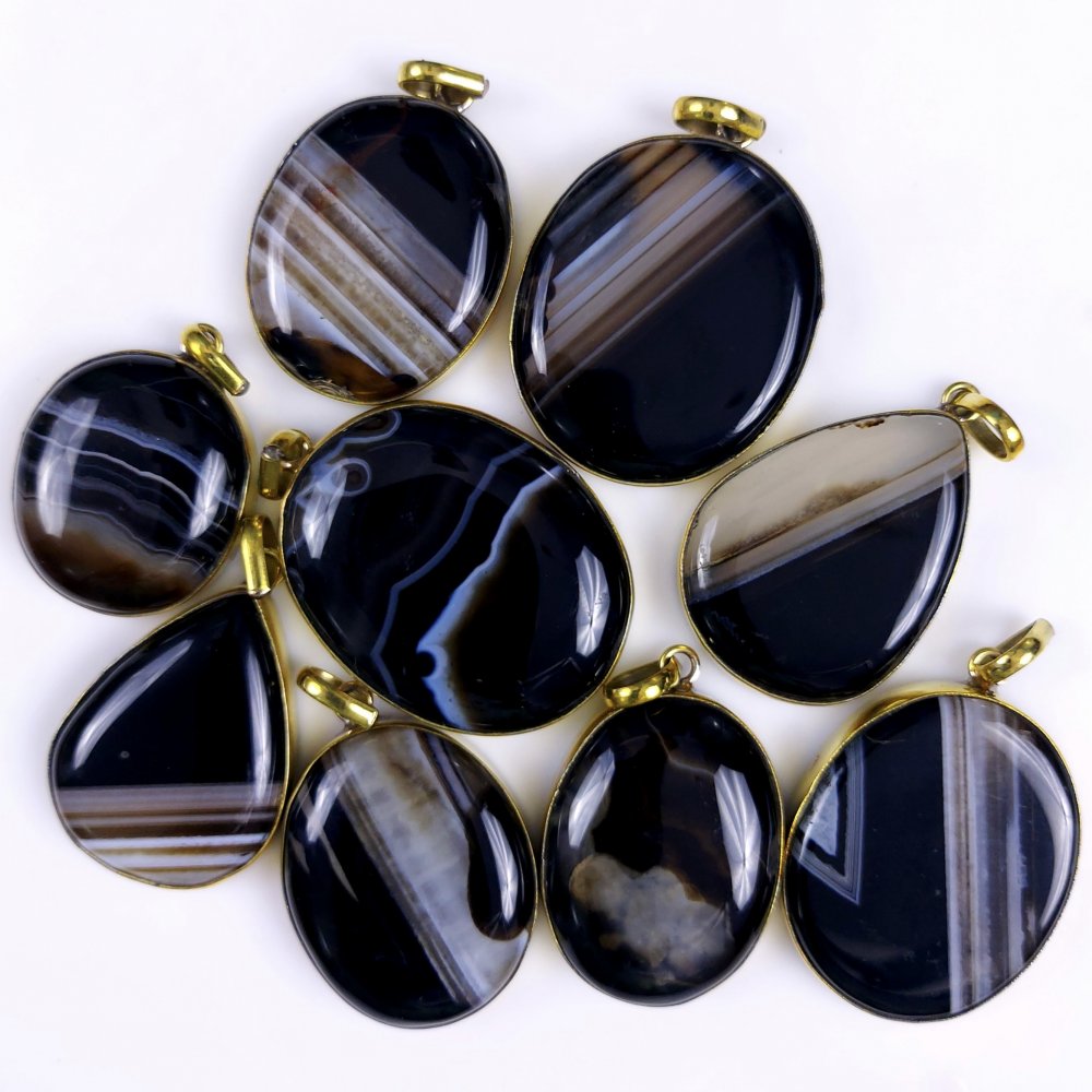 9Pcs Lot 624Cts Natural Black Banded Agate Gold Plated Connector Pendant Lot 40x30 30x25 mm#G-260