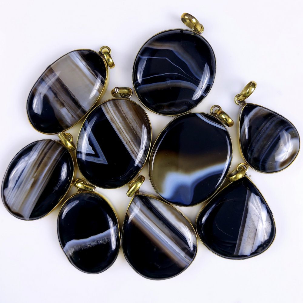 9Pcs Lot 670Cts Natural Black Banded Agate Gold Plated Connector Pendant Lot36x29 31x22mm#G-261