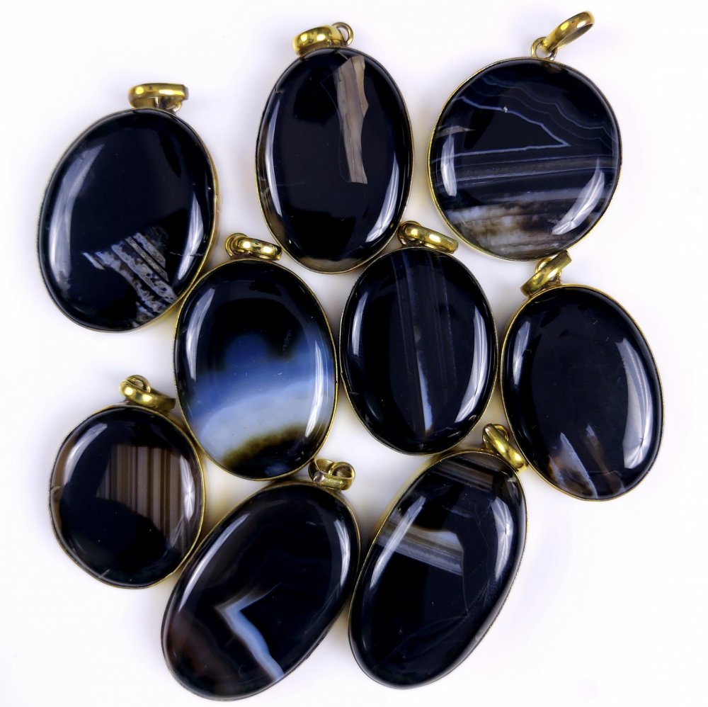 9Pcs Lot 696Cts Natural Black Banded Agate Gold Plated Connector Pendant Lot42x21 29x25mm#G-262