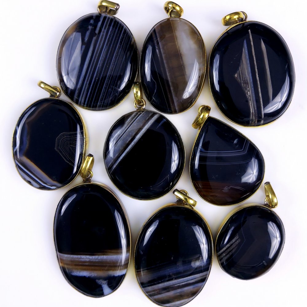 9Pcs Lot 725Cts Natural Black Banded Agate Gold Plated Connector Pendant Lot35x30 3329 mm#G-263