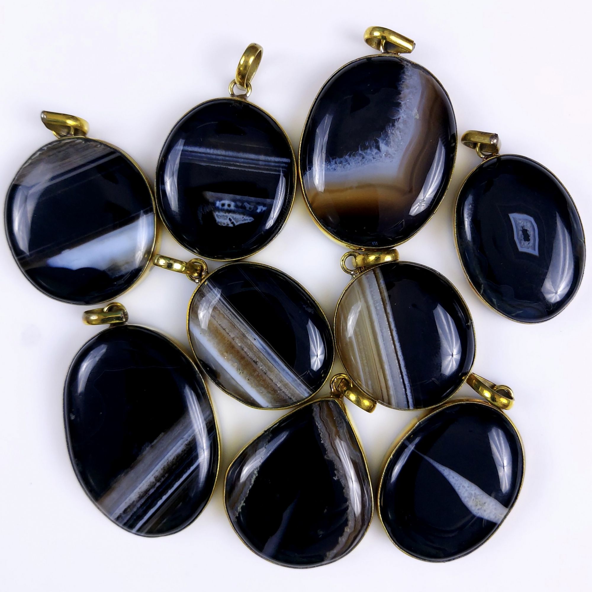 9Pcs Lot 655Cts Natural Black Banded Agate Gold Plated Connector Pendant Lot40x28 27x25 mm#G-264