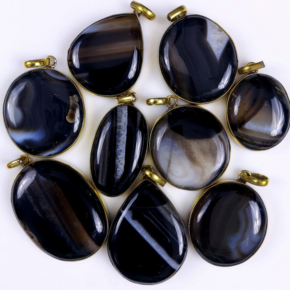 9Pcs Lot 610Cts Natural Black Banded Agate Gold Plated Connector Pendant Lot39x27 29x26 mm#G-265