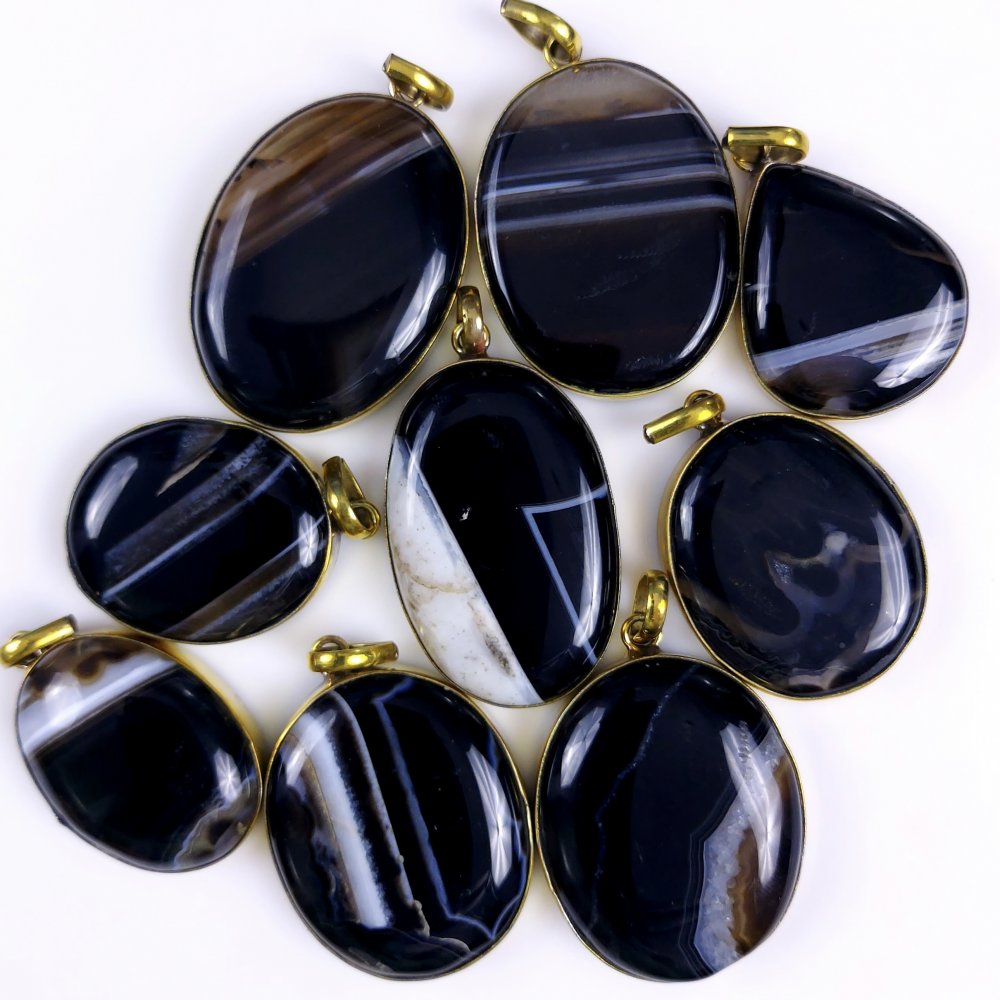 9Pcs Lot 655Cts Natural Black Banded Agate Gold Plated Connector Pendant Lot 39x24 30x24 mm#G-266