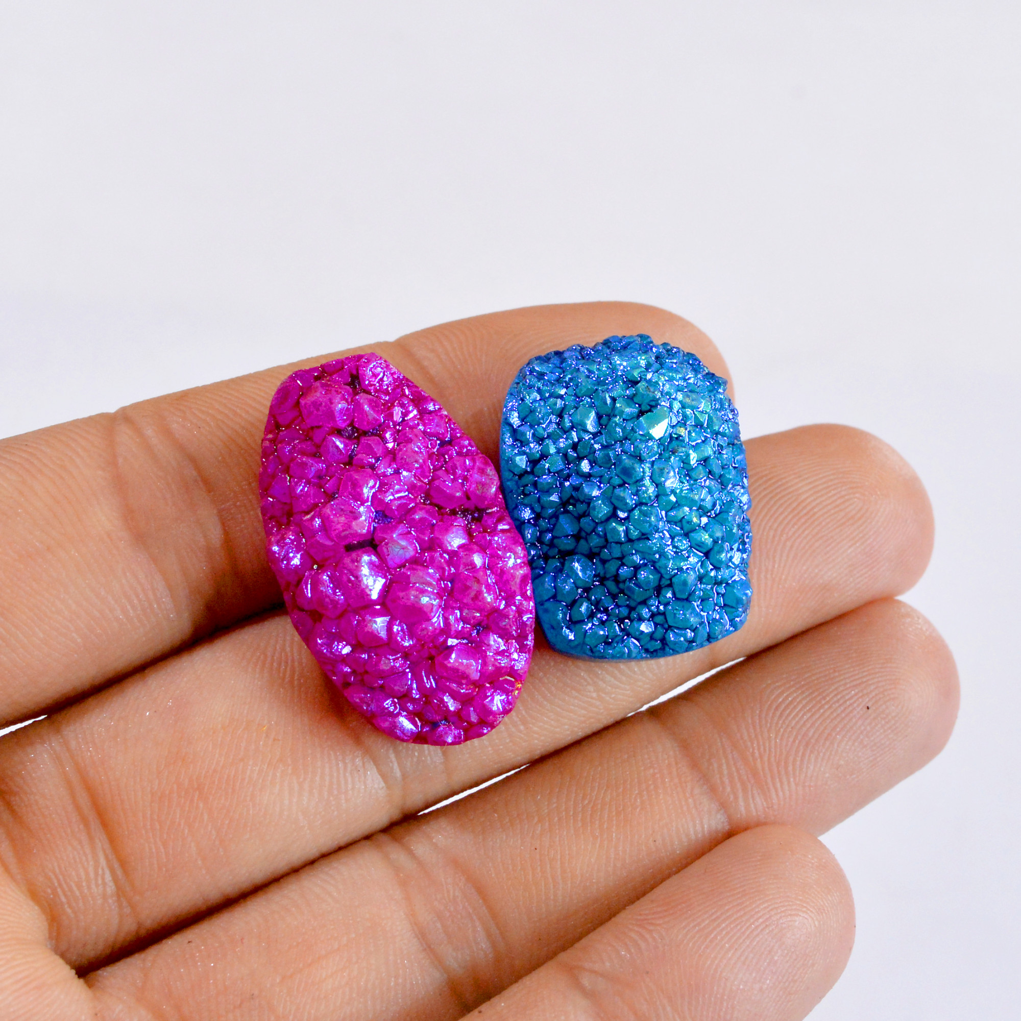 2 Pcs 82 Cts Natural Aura Coated Agate Druzy Round Shape Loose Gemstone Lot 25x18-30x18mm 2667