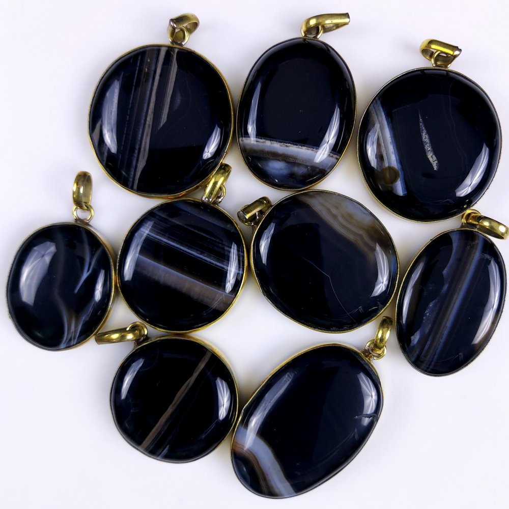 9Pcs Lot 579Cts Natural Black Banded Agate Gold Plated Connector Pendant Lot30x30 25x 21mm#G-267