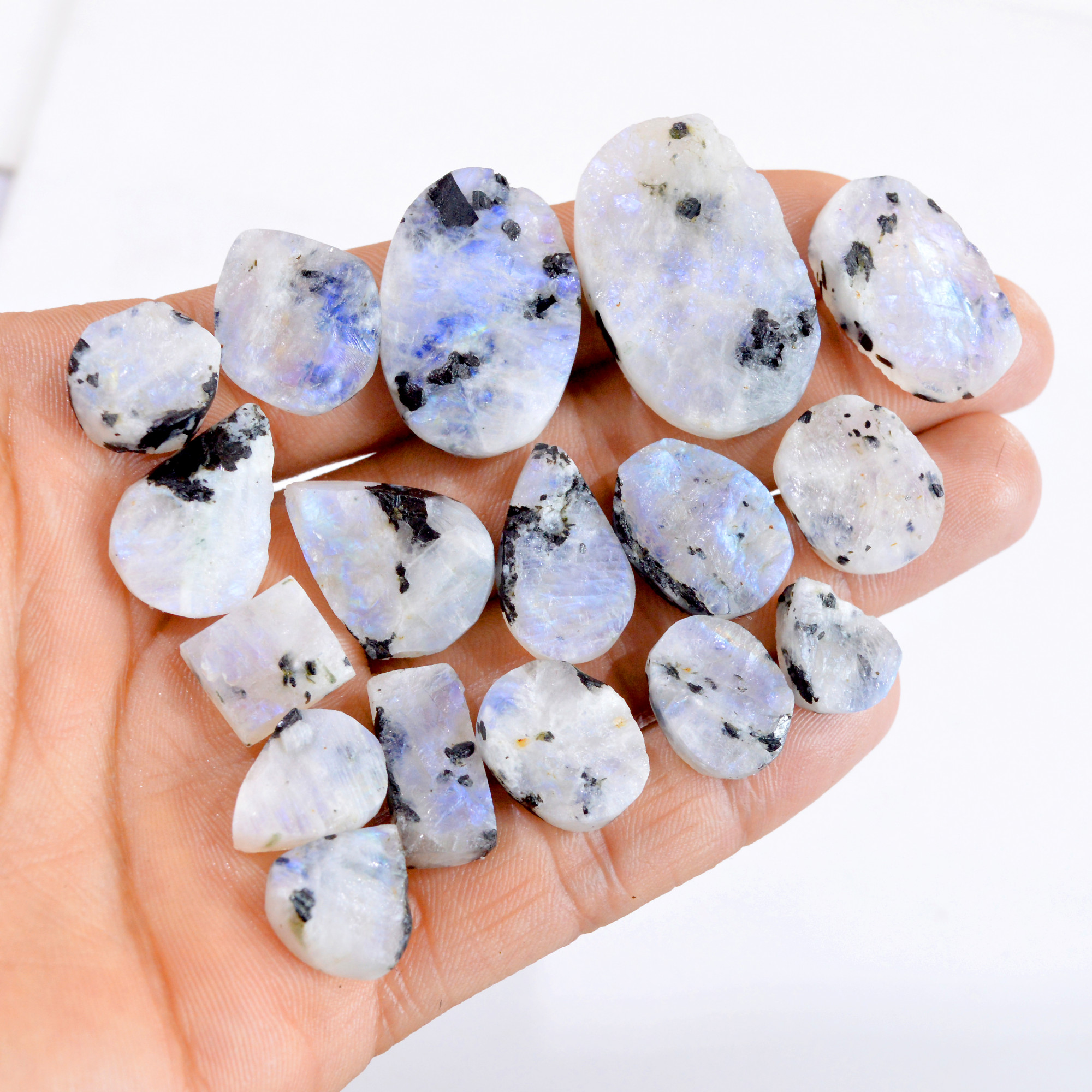 17 Pcs 288 Cts Natural Rainbow Moonstone Druzy Loose Gemstone Lot 14x11-34x22mm 2678