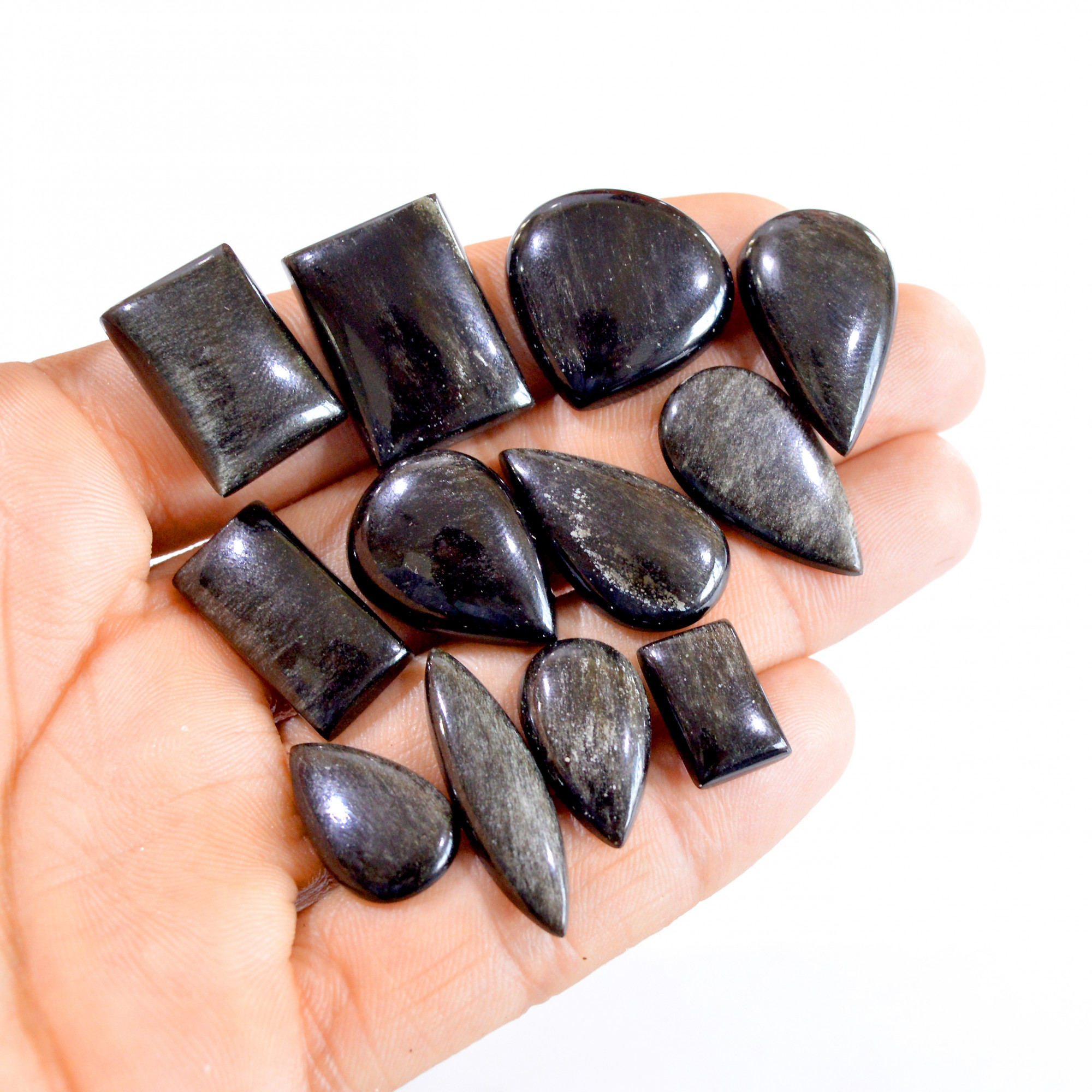 12 Pcs 155 Cts Natural Silver Obsidian Cabochon Gemstone Lot 14x9-23x16mm 2684