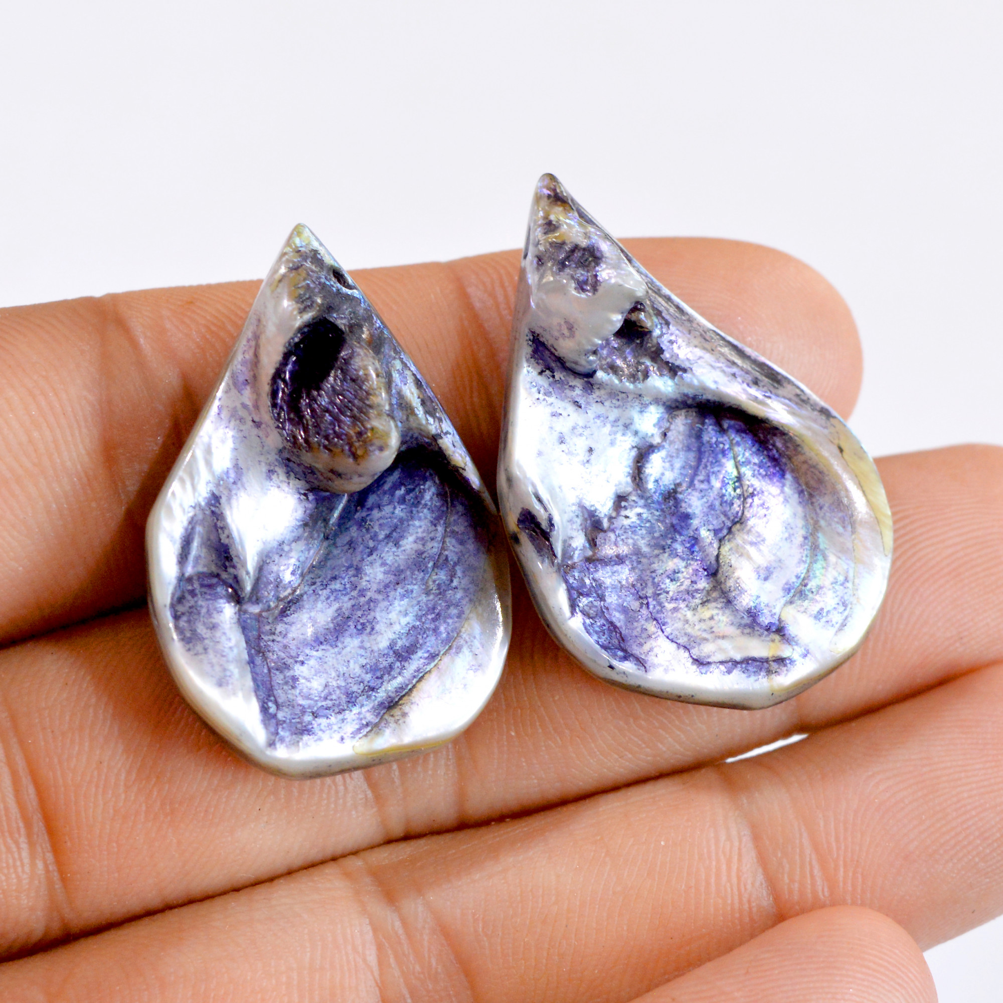 1 Pair 49 Cts Natural Fancy Mother of Pearl Pair Side Drill Gemstone 37x25mm 2707