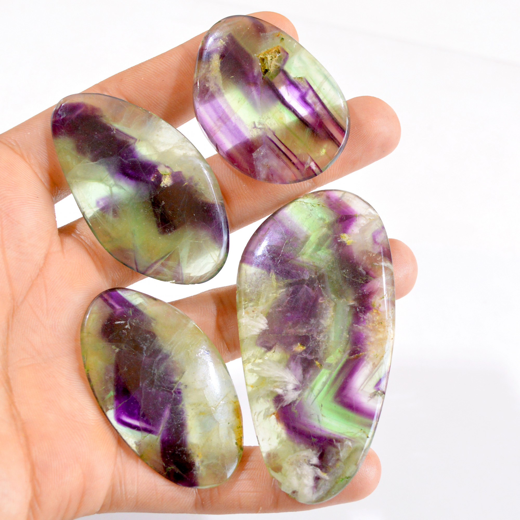 4 Pcs 641 Cts Natural Fluorite Palm Gemstone Lot For Jewelry 45x33-76x38mm 2775