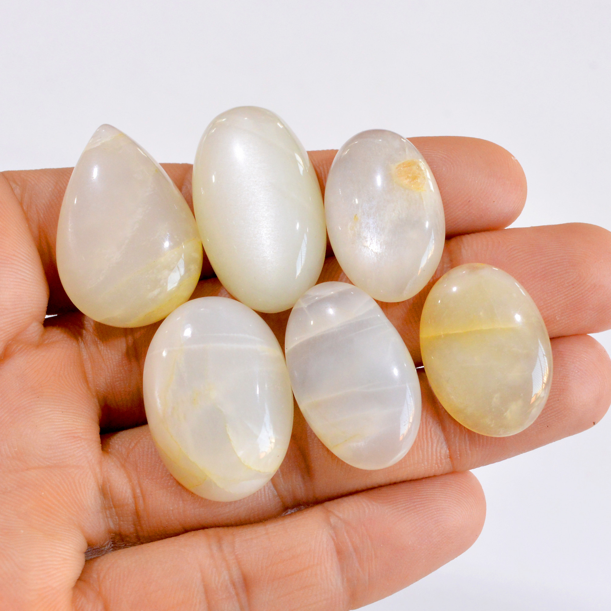 6 Pcs 212 Cts Natural White Moonstone Cabochon Gemstone Lot 24x17-32x18mm 2860