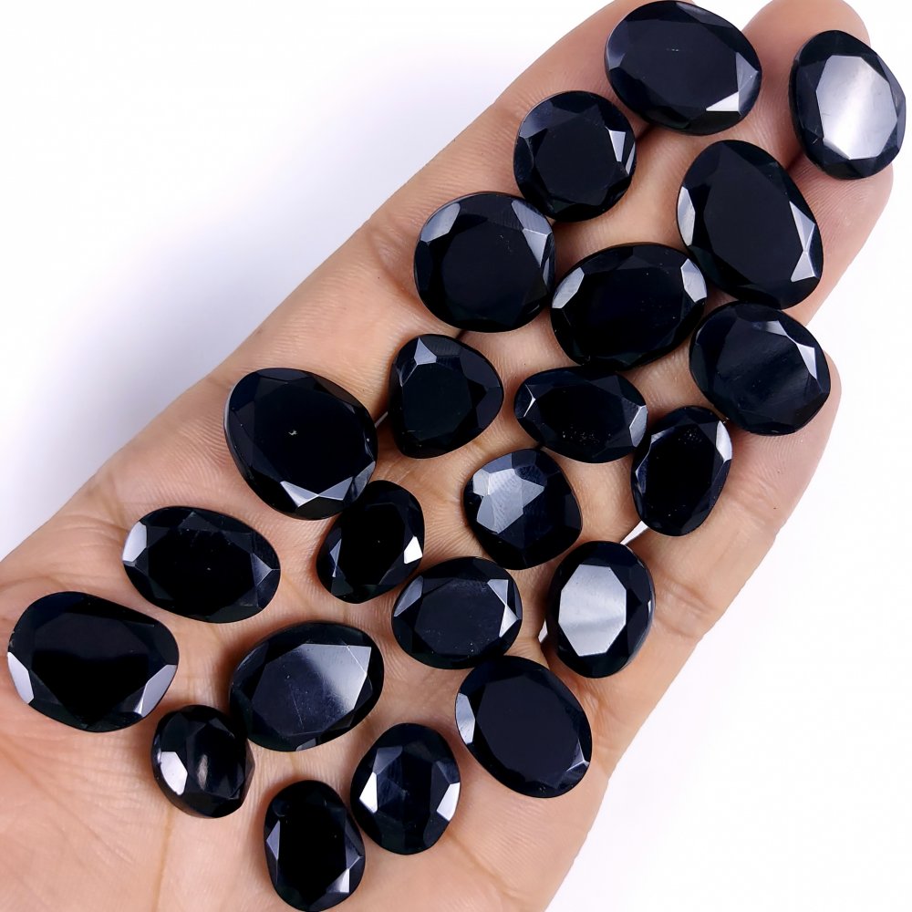 22Pcs 224Cts  Natural Black Onyx Faceted Loose Gemstone Lot For Jewelry Making Both Side Polish Cabochon For Crystal Energy Gift For Her #G-288