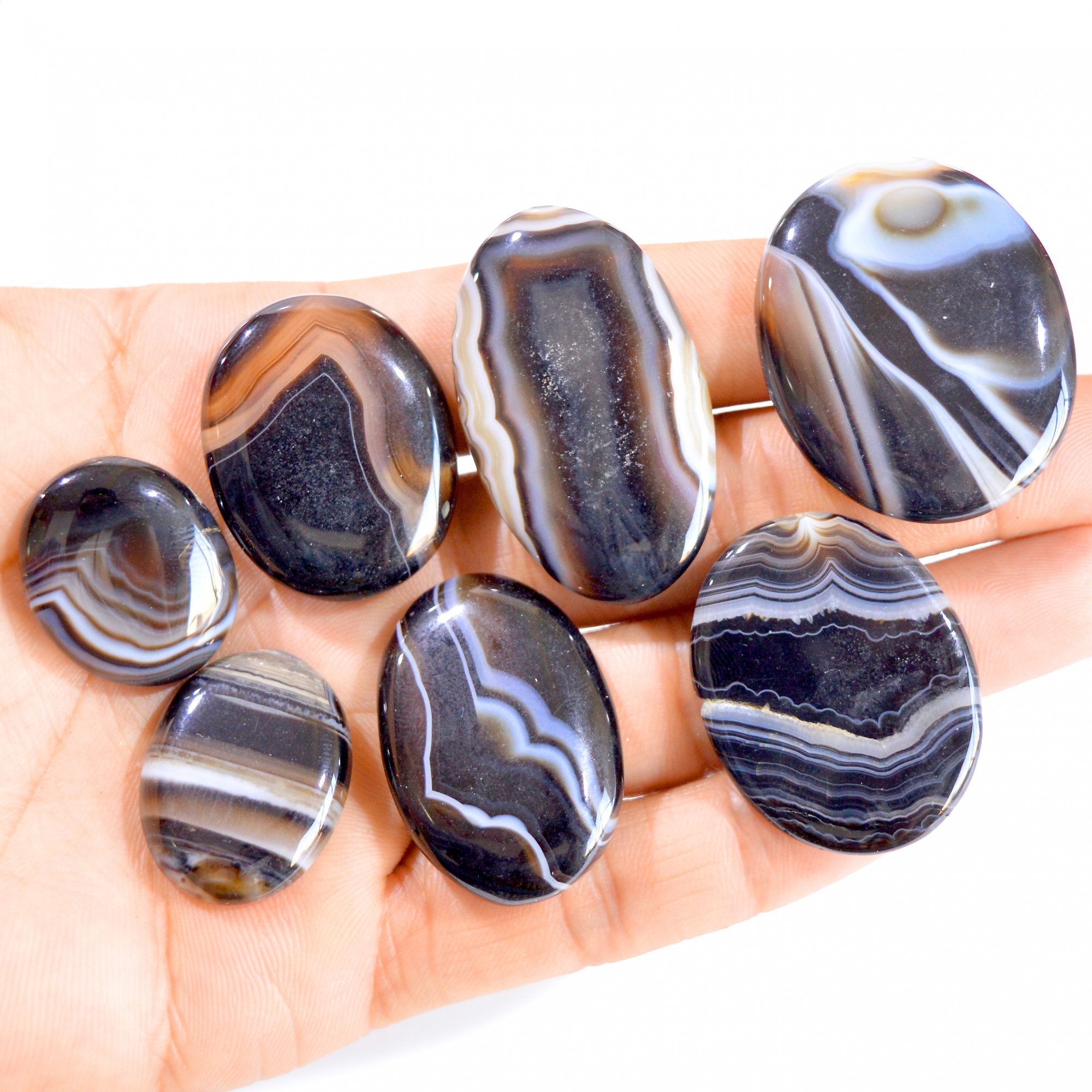 7 Pcs 342 Cts Natural Black Banded Agate Cabochon Gemstone Lot 25x20-39x31mm 2898